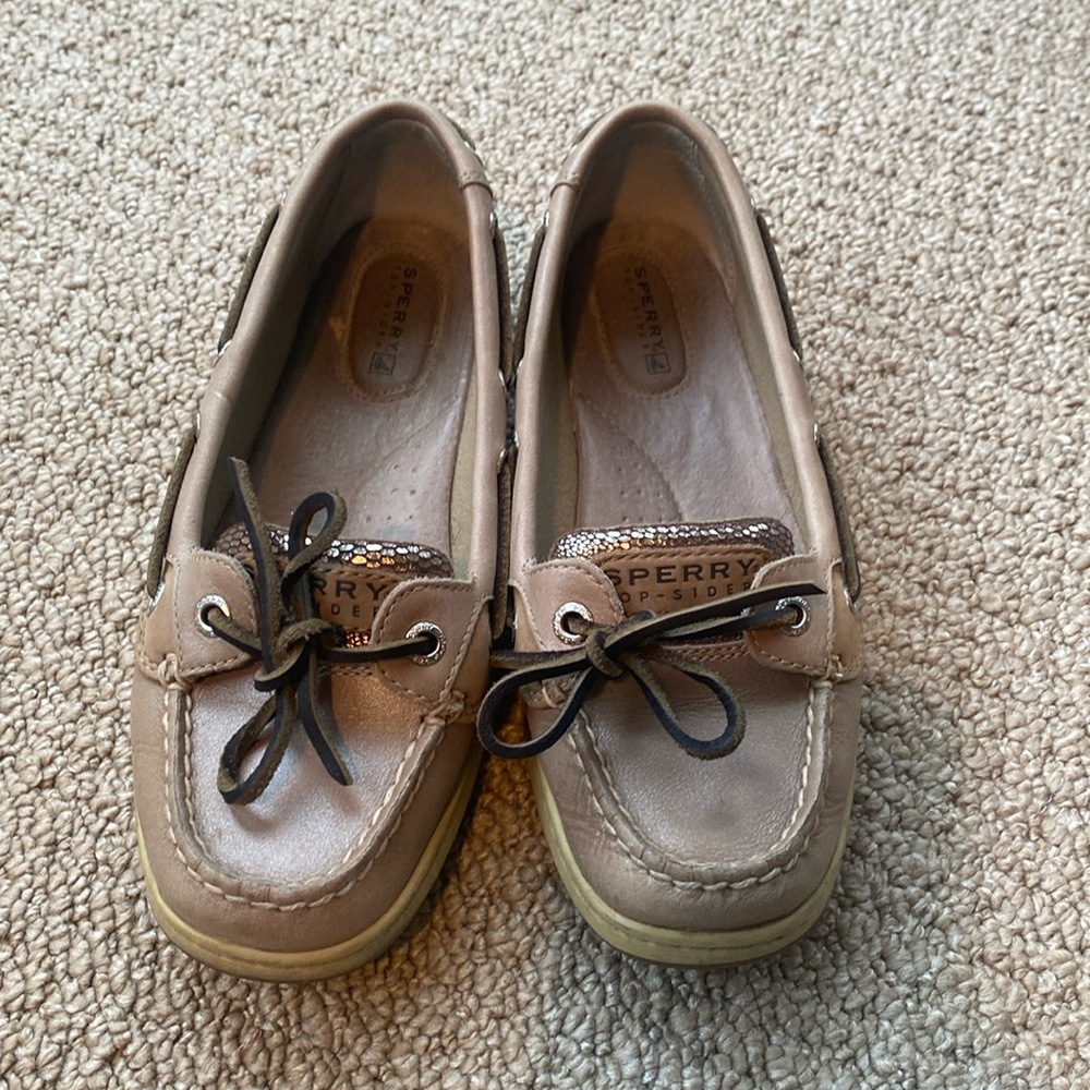 Sperry Top-Sider Leather Boat Shoes. Metallic Gold Snake Side Print. Women's 6.5